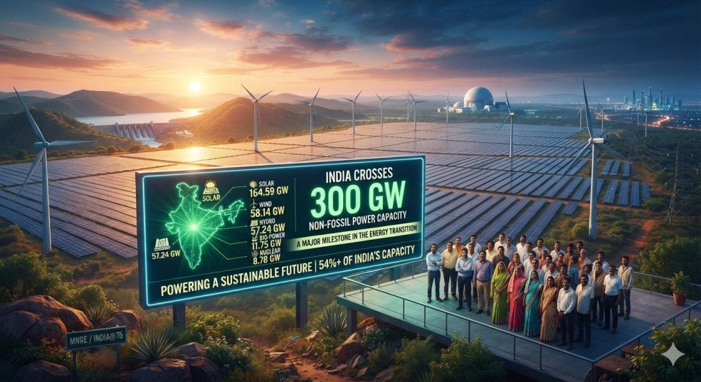 ಭಾರತದಲ್ಲಿ ಪಳೆಯುಳಿಕೆ ರಹಿತ ವಿದ್ಯುತ್ ಸಾಮರ್ಥ್ಯ 300 GW ಗಡಿ ದಾಟಿದೆ: ಇಂಧನ ರೂಪಾಂತರದಲ್ಲಿ ಪ್ರಮುಖ ಮೈಲಿಗಲ್ಲು