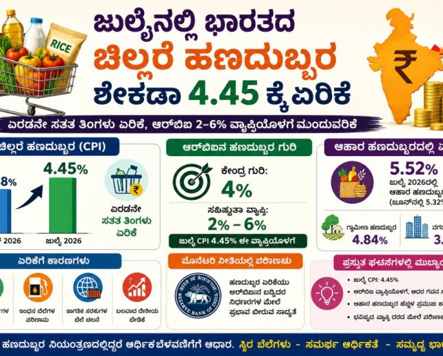 ಜುಲೈನಲ್ಲಿ ಭಾರತದ ಚಿಲ್ಲರೆ ಹಣದುಬ್ಬರ ಶೇಕಡಾ 4.45 ಕ್ಕೆ ಏರಿಕೆ
